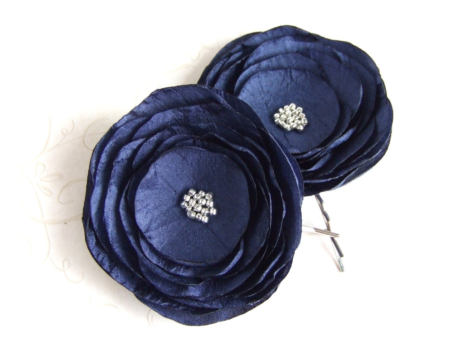 Blue Wedding Flower Hair Clips - Bridal Hair Accessories - Navy Blue Flower - Flower Hair Pins