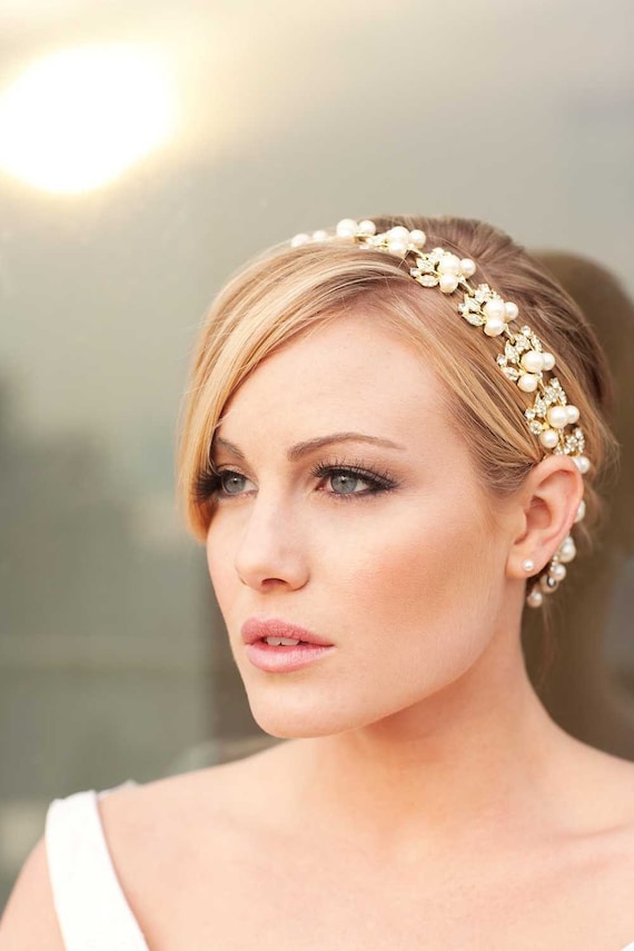 Jacqueline - Stunning Golden Rhinestone and Pearl Ribbon Headband