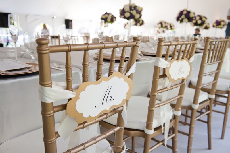 Mr. and Mrs. Wedding Chair Signs in an Elegant Vintage Label Design for the Bride and Groom Chairs