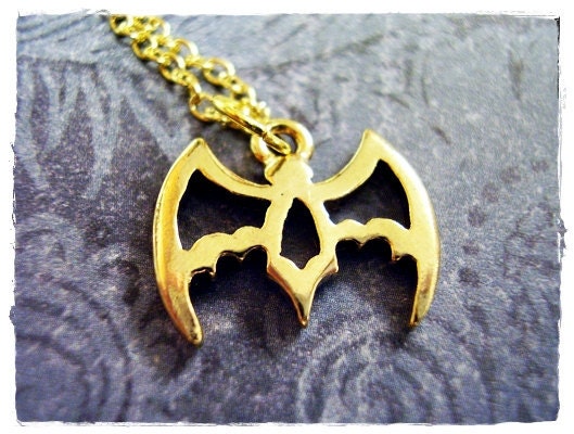 Tiny Bat Necklace - Antique Gold Pewter Bat Charm on a Delicate 18 Inch Gold Plated Cable Chain