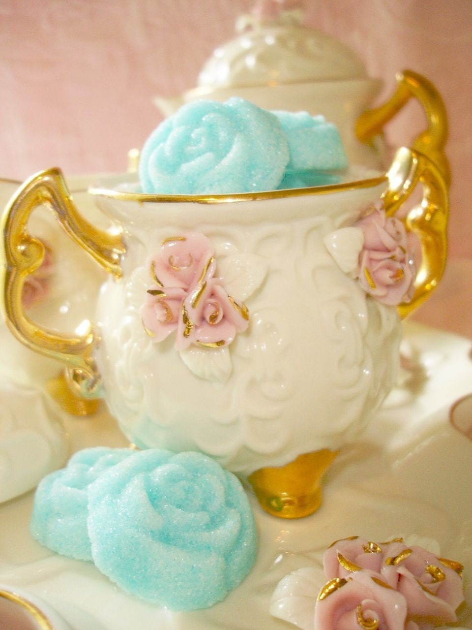 Turquoise Molded Sugar Roses...Sucre Moule.... The Perfect Touch for Coffee or Tea