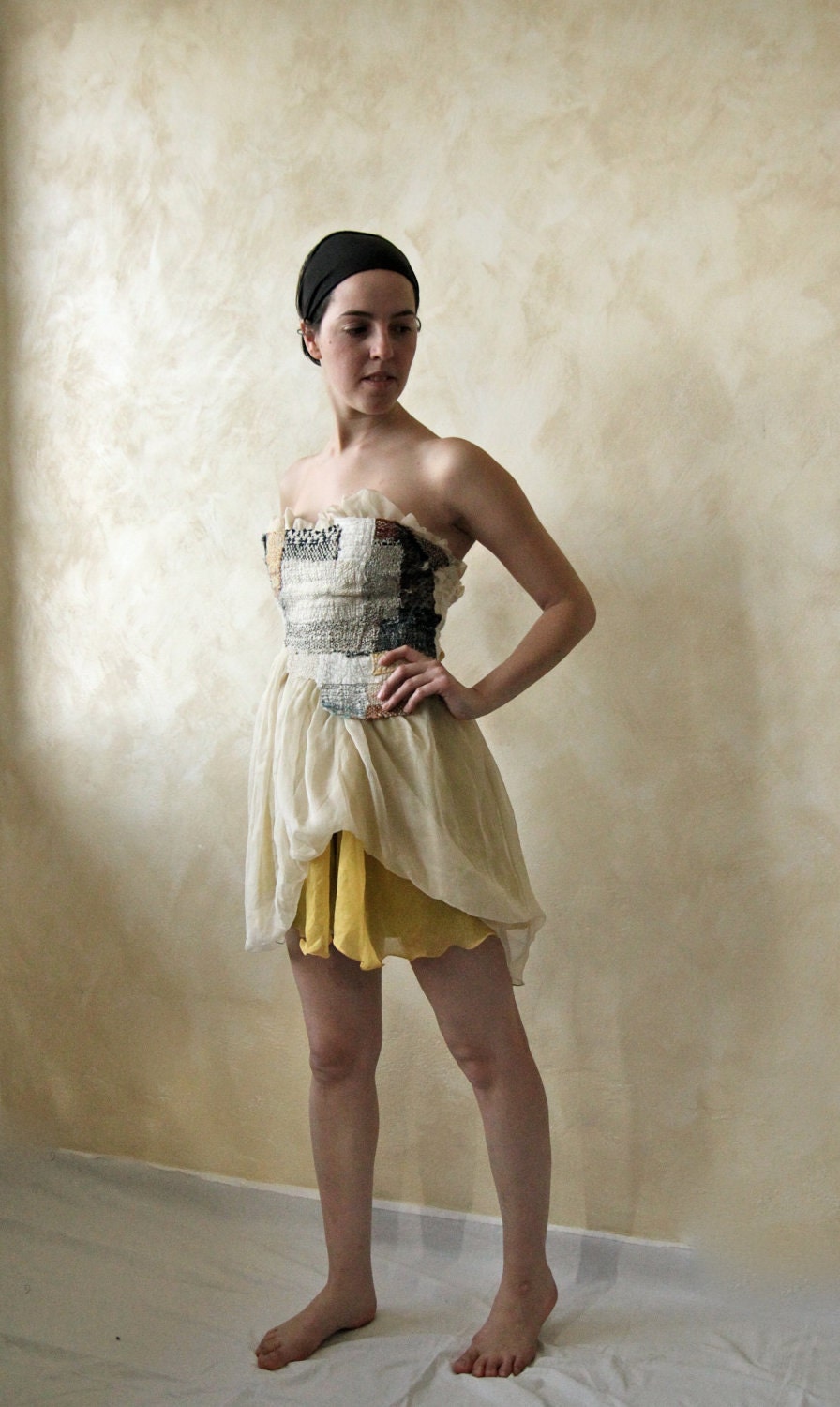 Narcissus silk and wool mini dress - patchwork bodice - collaboration Larimeloom and LoreTree - OOAK Fairy bridesmaids dress
