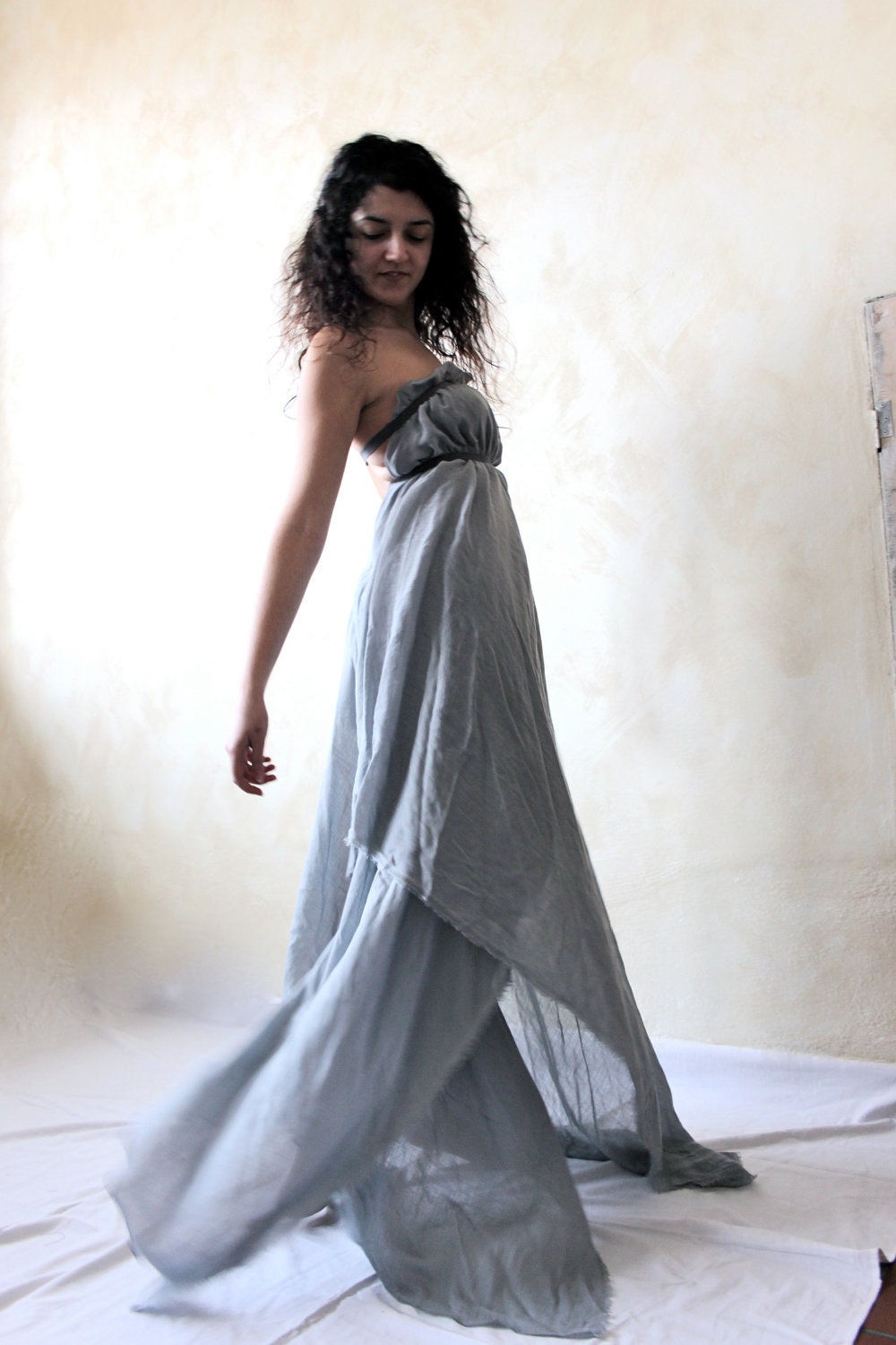 Ethereal fairy gown in dusty blue muslin