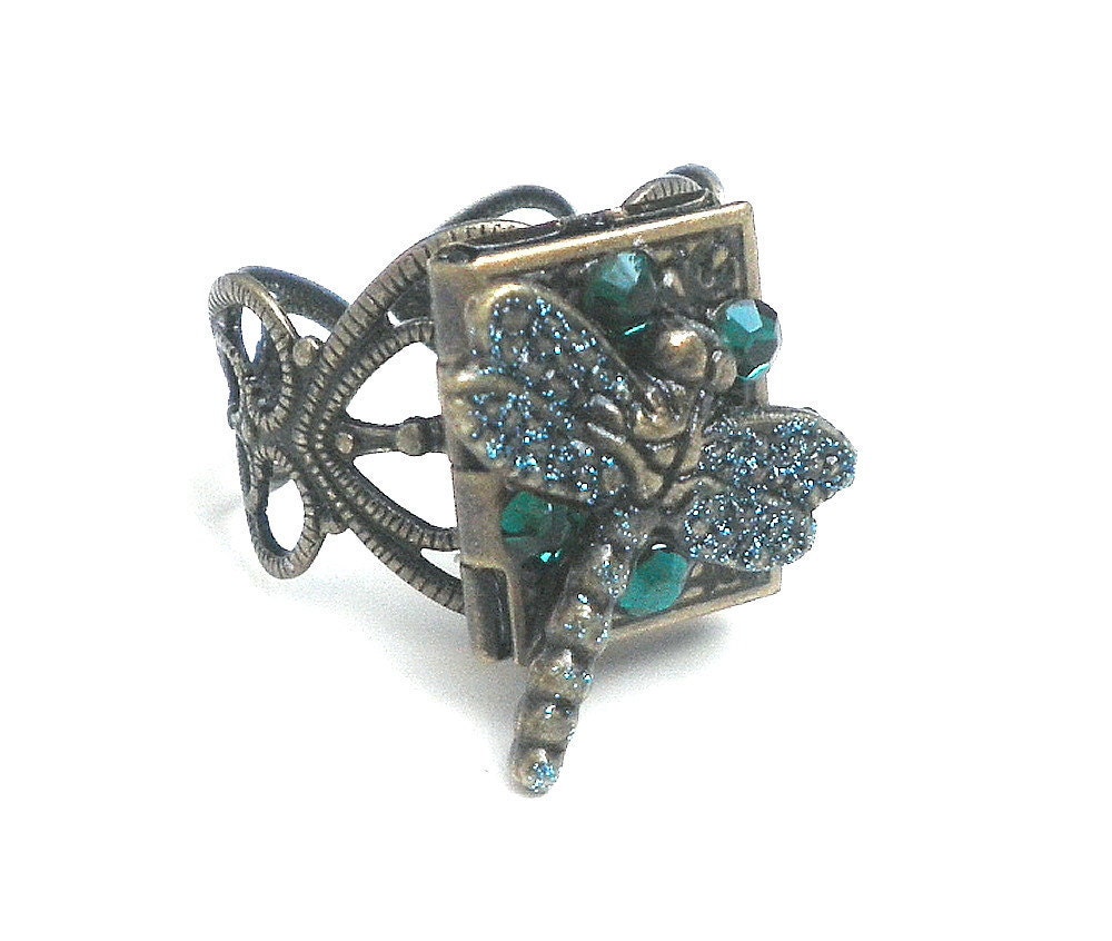 Blue Dragonfly Locket Ring
