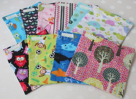 Set of 10 Reusable Sandwich or Snack Bags YOU CHOOSE from over 100 choices