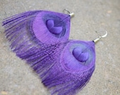 PEACOCK PERFECTION- Purple Peacock Feather Dangle Earrings