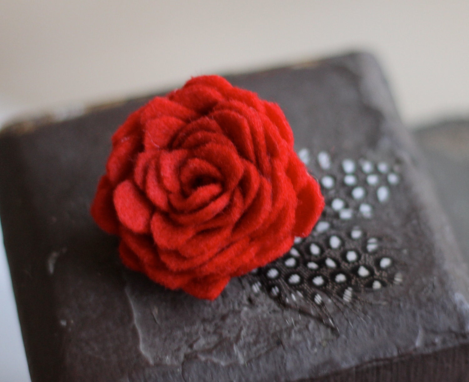 Red Felt Flower Hair Clip With Guinea Feathers