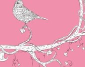 4 x 6 PRINT signed Love Hearts Pink Bird of Whimsy illustrated vines black white