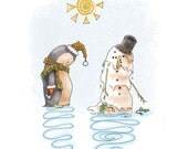 4x6 Neville the Penguin Spring Snowman Melt illustration signed print