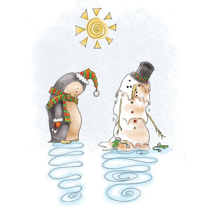 5x7 Neville the Penguin Spring Snowman Melt illustration signed print