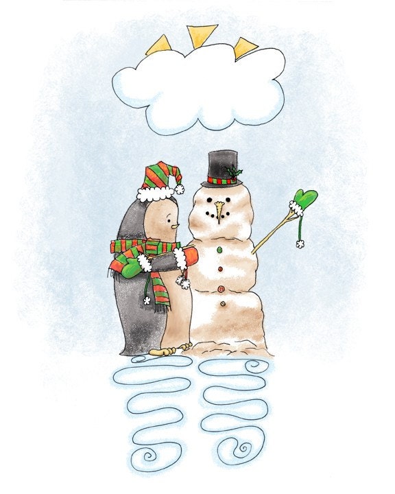 5x7 Neville the Penguin Building a Snowman illustration signed print