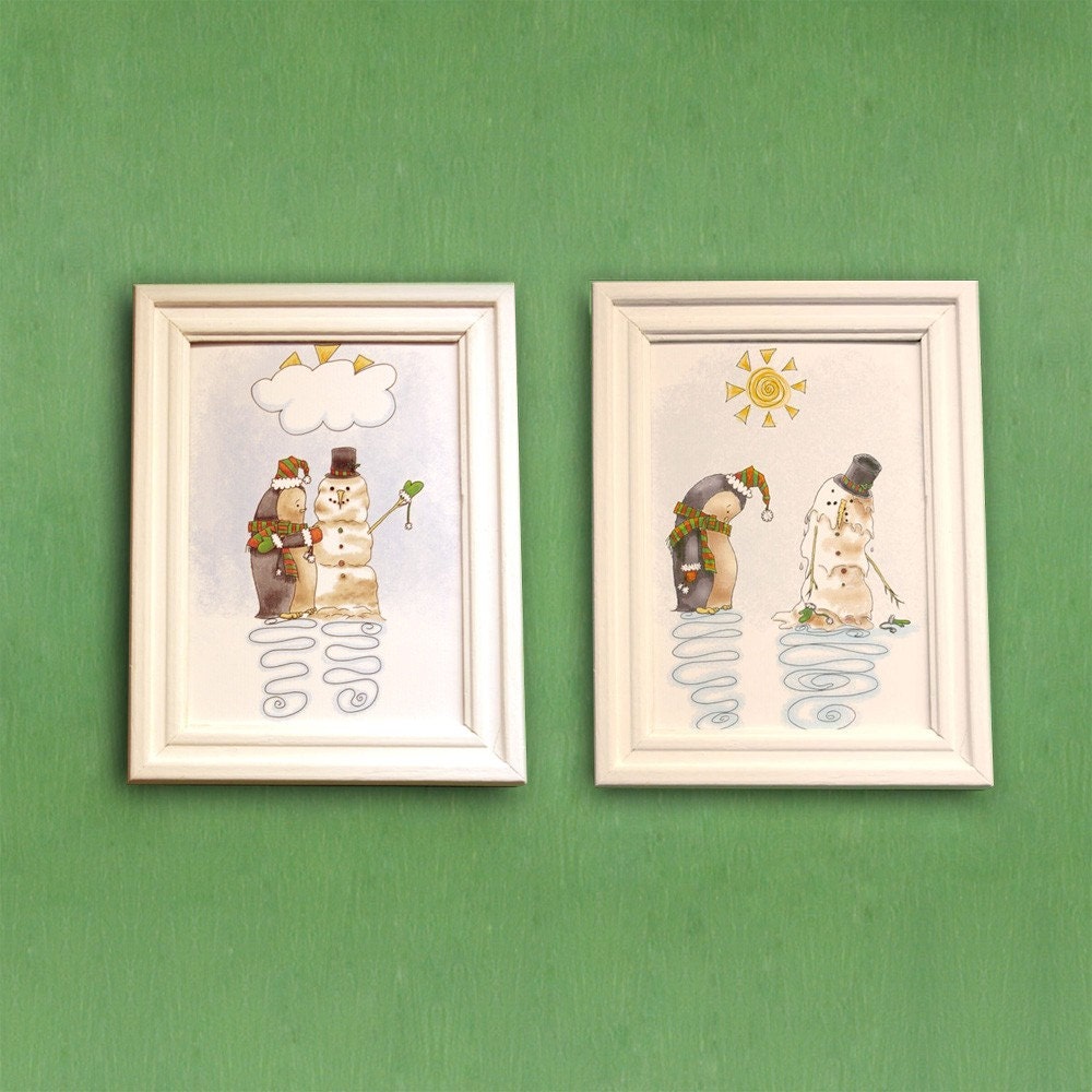 SET of 4x6 Neville the Penguin Builds & Melts a Snowman illustration signed prints