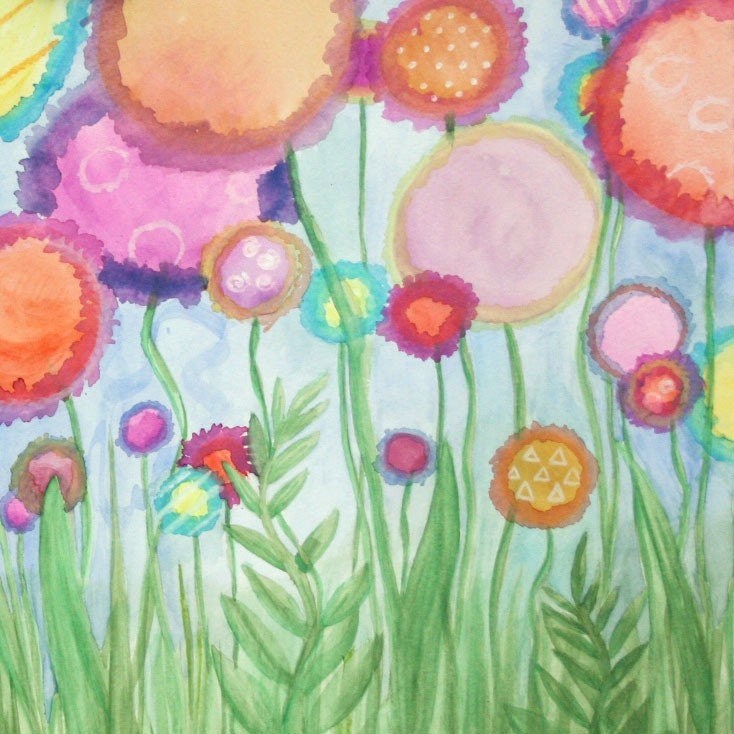 12x18 modern Spring Flower Garden original signed watercolor illustration