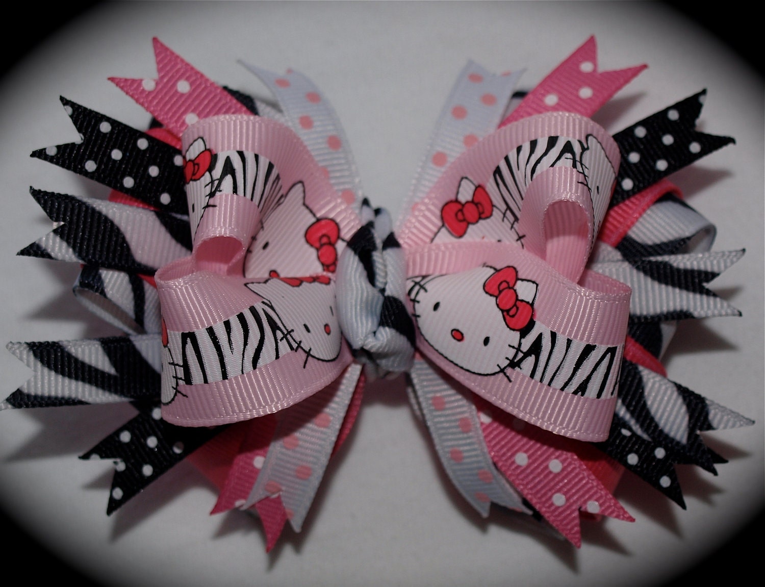 Custom Boutique Toddler Girls Pink and Black Summer HELLO KITTY Zebra Safari Hair Bow Clip Free Shipping