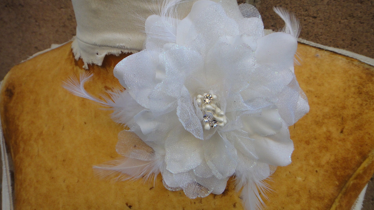 Cute organza flower with feather white color 1 piece listing