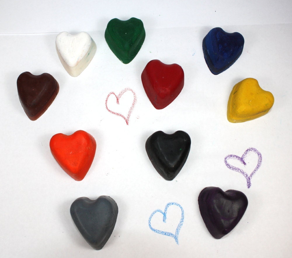 Ten Little Heart Shaped Recycled Crayons - reuse, party favors, school supplies, coloring, art, drawing, kids, boys, girls, back to school
