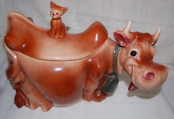 Brush Pottery Cow & Winking Cat Cookie Jar W10-Brush USA -McCoy