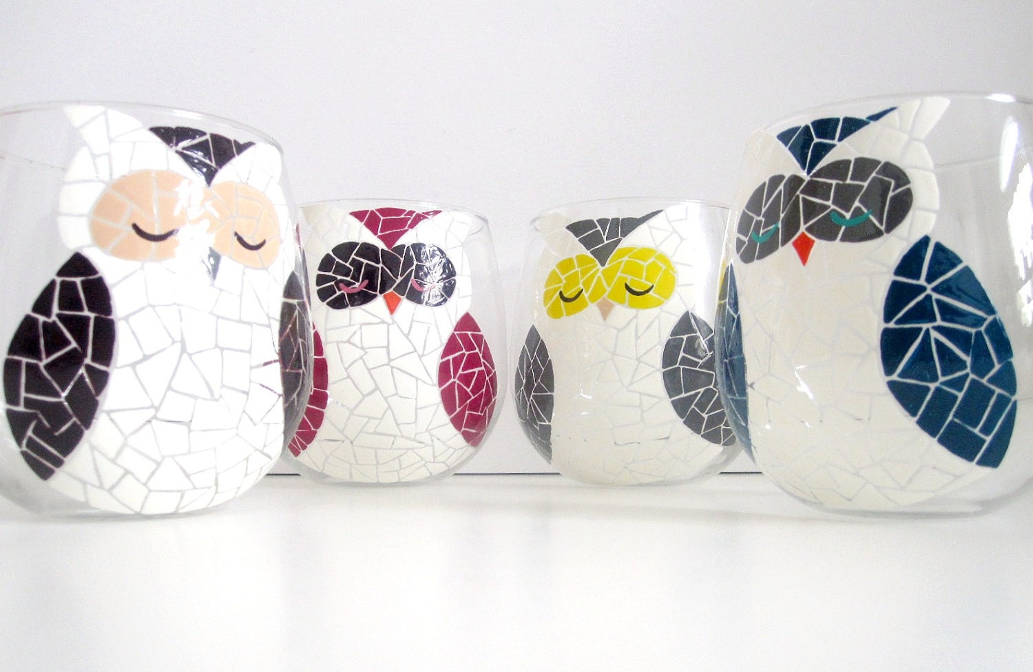 Painted Wine Glasses with Various Owls- Set of 4