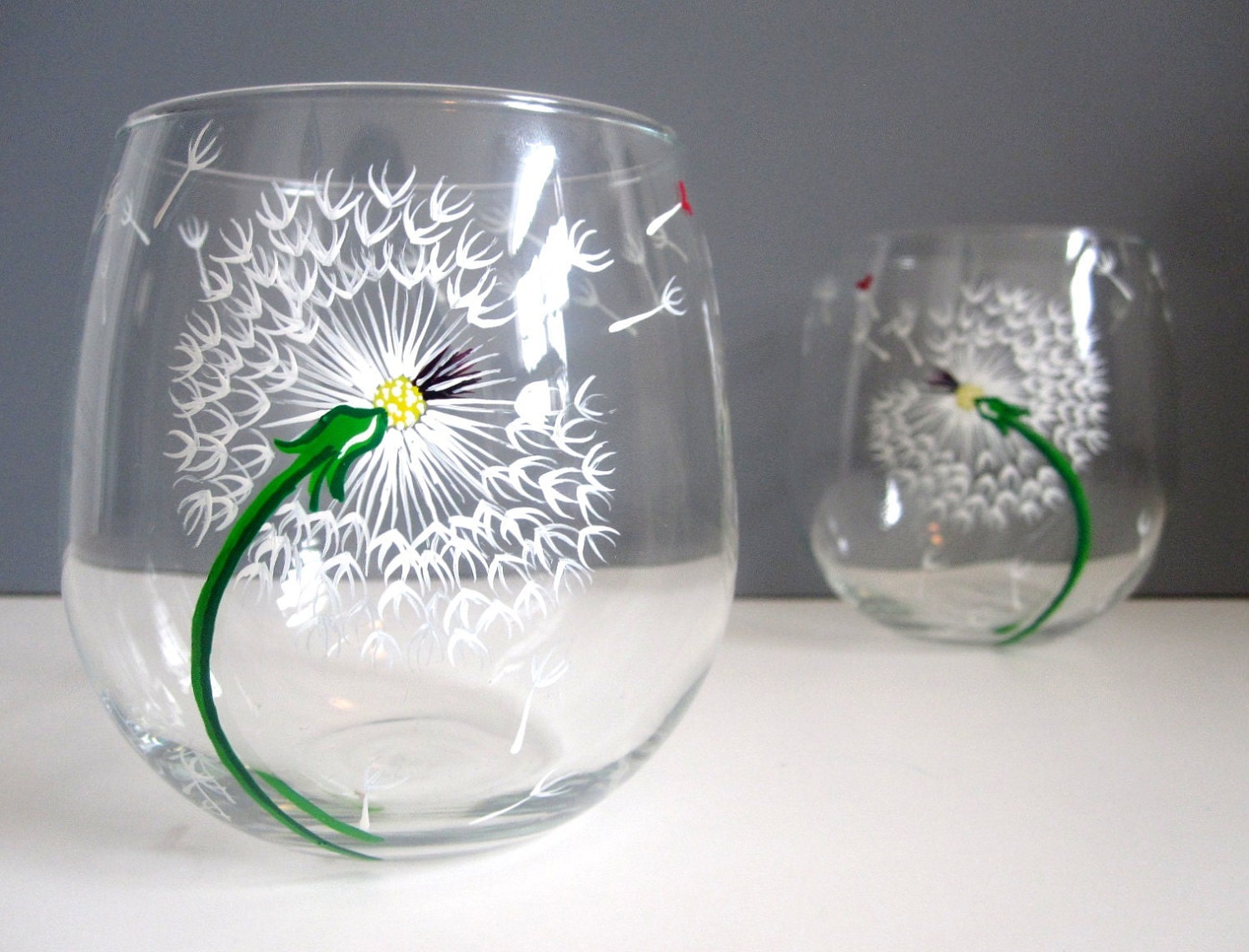 Wine Glasses- Dandelions and Hearts- Set of 2