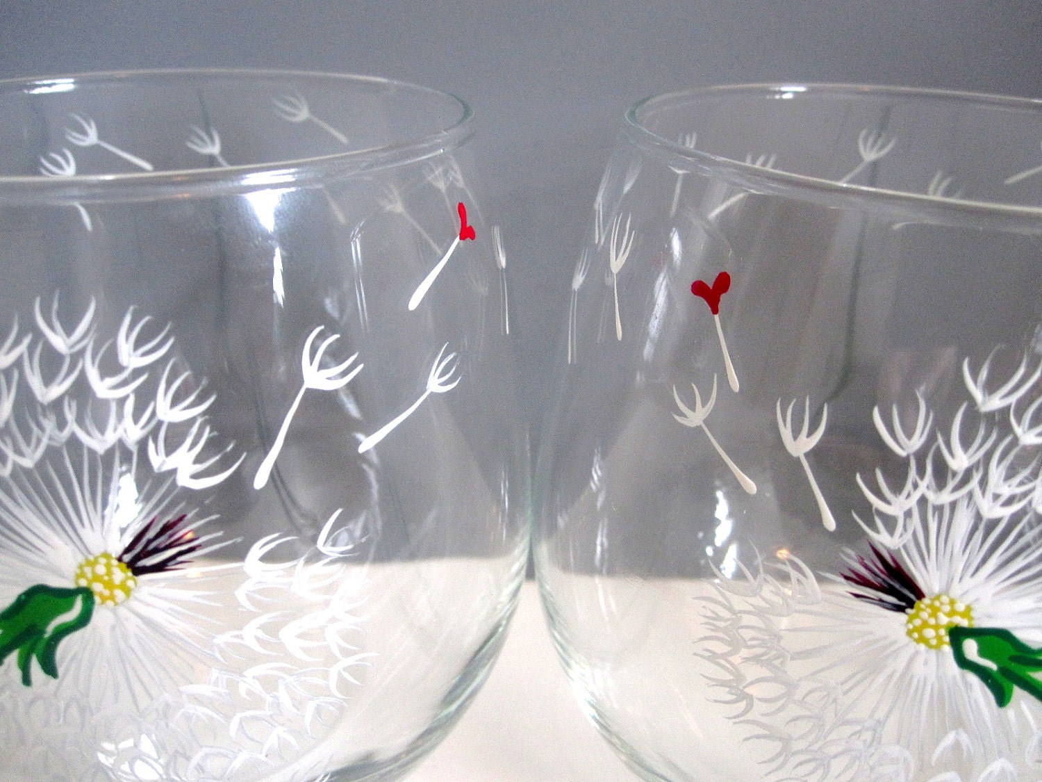 Wine Glasses- Dandelions and Hearts- Set of 2