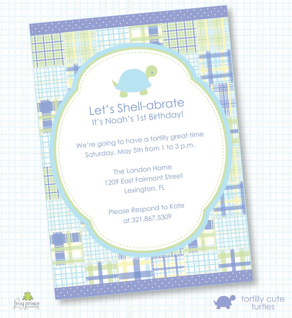 Preppy Turtle Madras Plaid Printable Birthday Invitation Il_570xn
