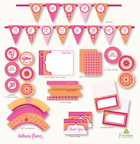 Hot orange and Pink Hothouse Flowers Custom Printable set Il_570xn