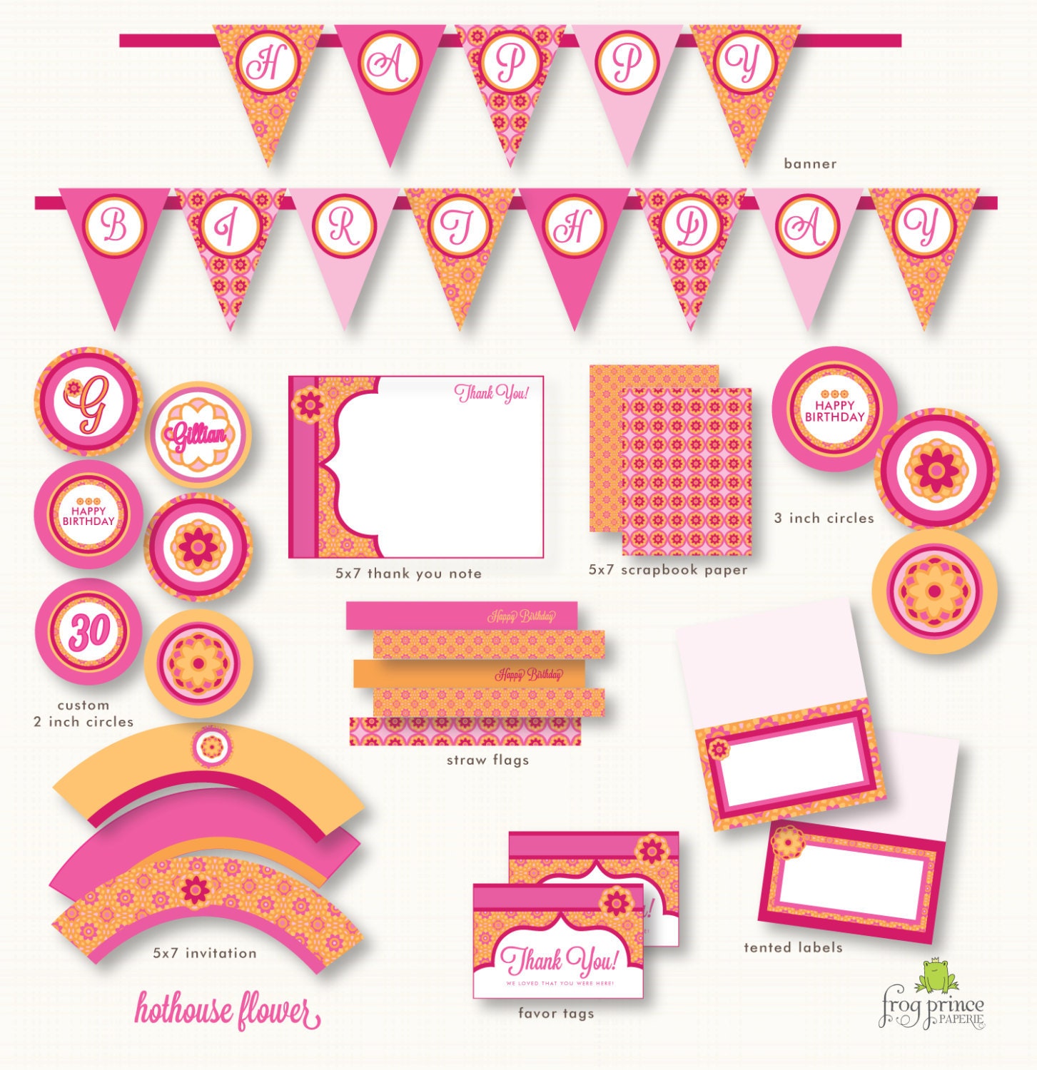 Hot orange and Pink Hothouse Flowers Custom Printable set