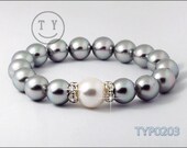 Swarovski Pearl Bracelet 10mm Silver Grey and 12mm Bright White Shell Pearl Elastic Bangle Embellished with Rhinestone Inlayed Findings