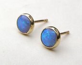 Anniversary earrings Solid gold earrings blue Opal  Stone earrings 14k Gold studs