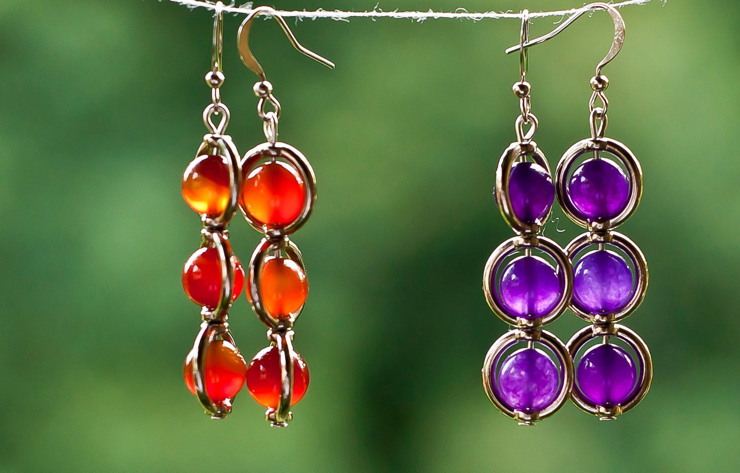 Three Tiered Semi Precious Stone Earrings