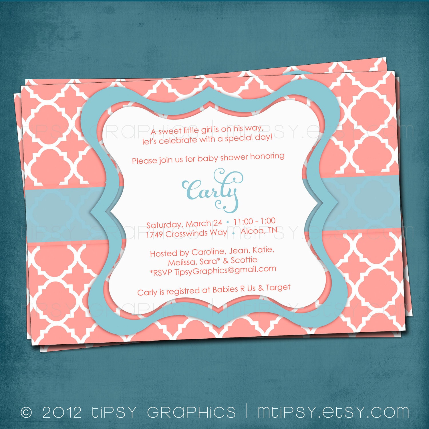 Pretty Punch Quatrefoil Graduation Baby / Bridal Shower Printable Invitation. Any Colors and text. by Tipsy Graphics Il_170x135