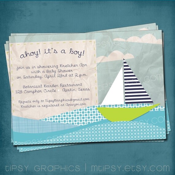 Ahoy Its a Boy. Modern Sailboat & Ocean Waves Baby Shower Invite by Tipsy Graphics Il_570xn