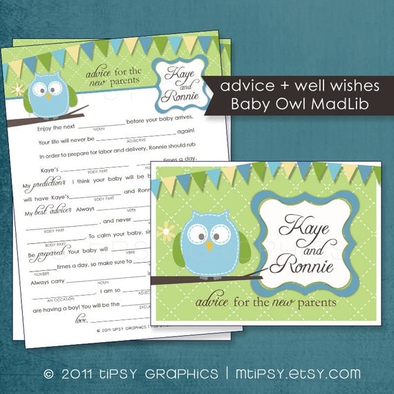 Baby Owl Funny Advice & Well Wishes for the NEW PARENTS Mad Lib MadLib Adlib By Tipsy Graphics. Printable Cards, any Colors. Il_570xn