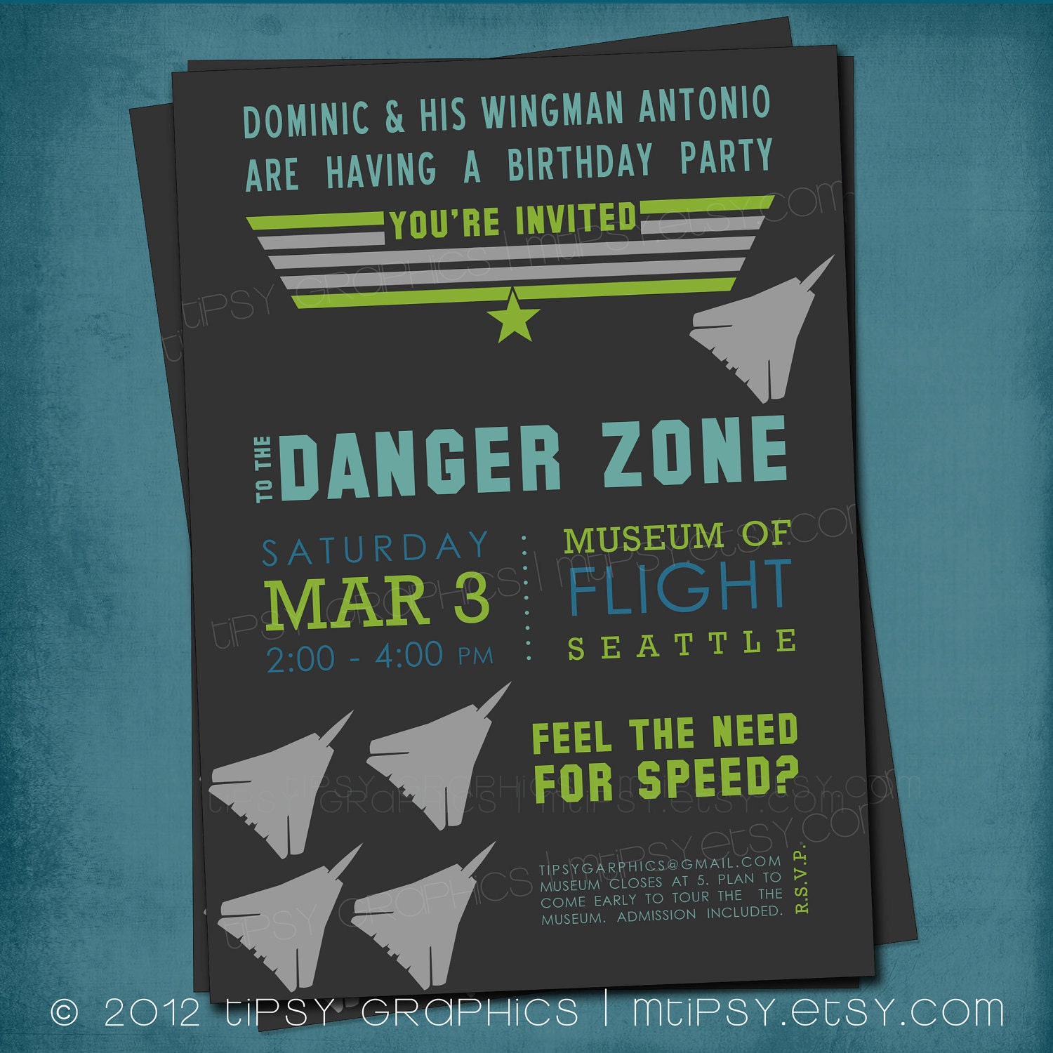 Top Gun Inspired Fighter Jet Birthday Party Invite by Tipsy Graphics. Any colors and text. Il_570xn