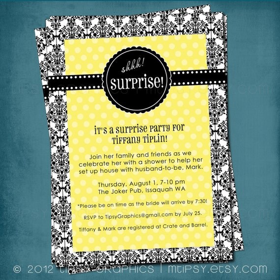 Chic and Fancy Surprise Shower or Party Invitation, any colors. Customized for your party by Tipsy Graphics Il_570xn