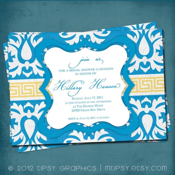 Big Damask GREEK KEY Bridal Shower Invitation. Brilliant Blue and Gold by Tipsy Graphics. Coordinating shower accessories available Il_570xn