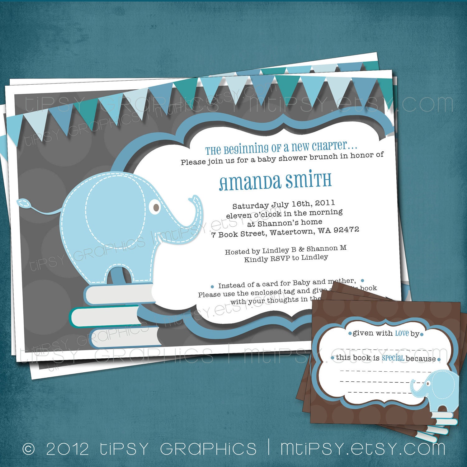 Baby Elephant Stock the Library Shower Invitation. Coordinating DIY Book Plate Design Included by Tipsy Graphics Il_570xn