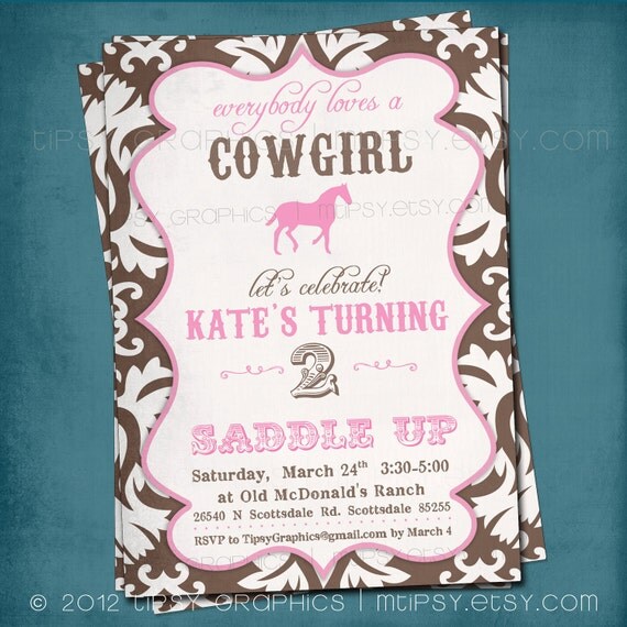 Everybody Loves a Cowgirl. Pretty Pink & Brown Vintage Party Invite by Tipsy Graphics Il_570xn