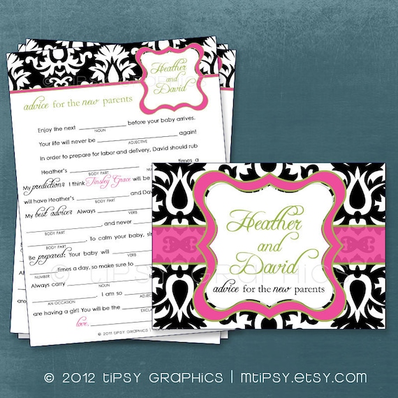 Damask. Funny Advice & Well Wishes for the NEW PARENTS Mad Lib MadLib Adlib By Tipsy Graphics. Printable Cards, any Colors. Il_570xn