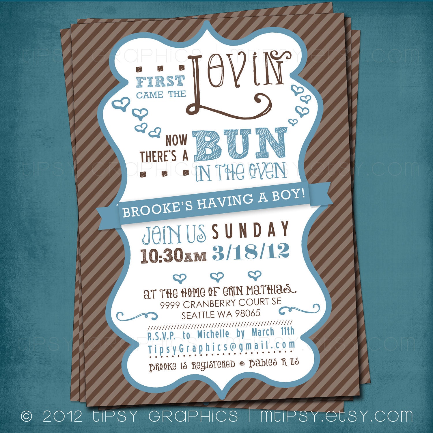 First Came the Lovin. Bun in the Oven Baby Shower Invite by Tipsy Graphics. Brown and Blue Il_570xn