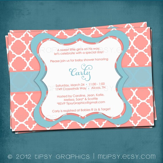 Pretty Punch Quatrefoil Graduation Baby / Bridal Shower Printable Invitation. Any Colors and text. by Tipsy Graphics Il_570xn