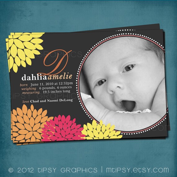 Dahlia Floral Mum Custom Photo Birth Announcement or Party Invitation. Any colors and Text by Tipsy Graphics Il_570xn