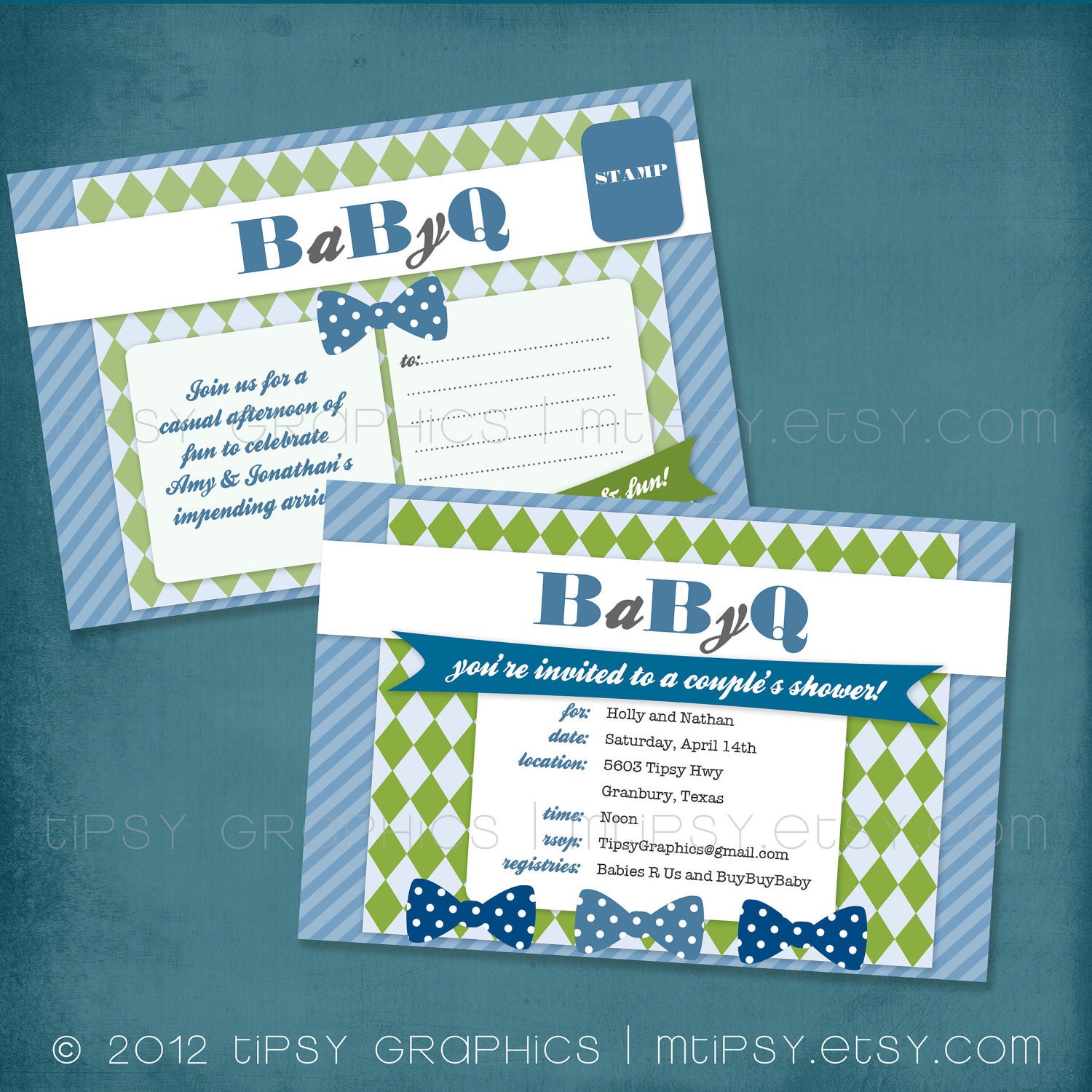 Bow ties & BaByQ Couple's BBQ Baby Shower Postcard Invitation. ANY COLORS by Tipsy Graphics Il_570xn