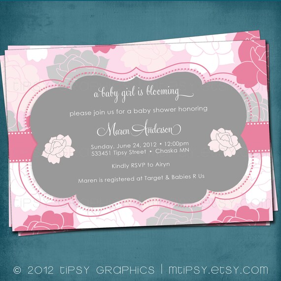 Pink and Gray Shabby Chic Roses Baby or Bridal Shower Invitation by Tipsy Graphics Il_570xn