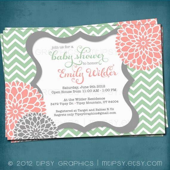 Spa Pom Pom. Chevron Mums Baby / Bridal Shower Invite by Tipsy Graphics. Any colors and text. Il_570xn