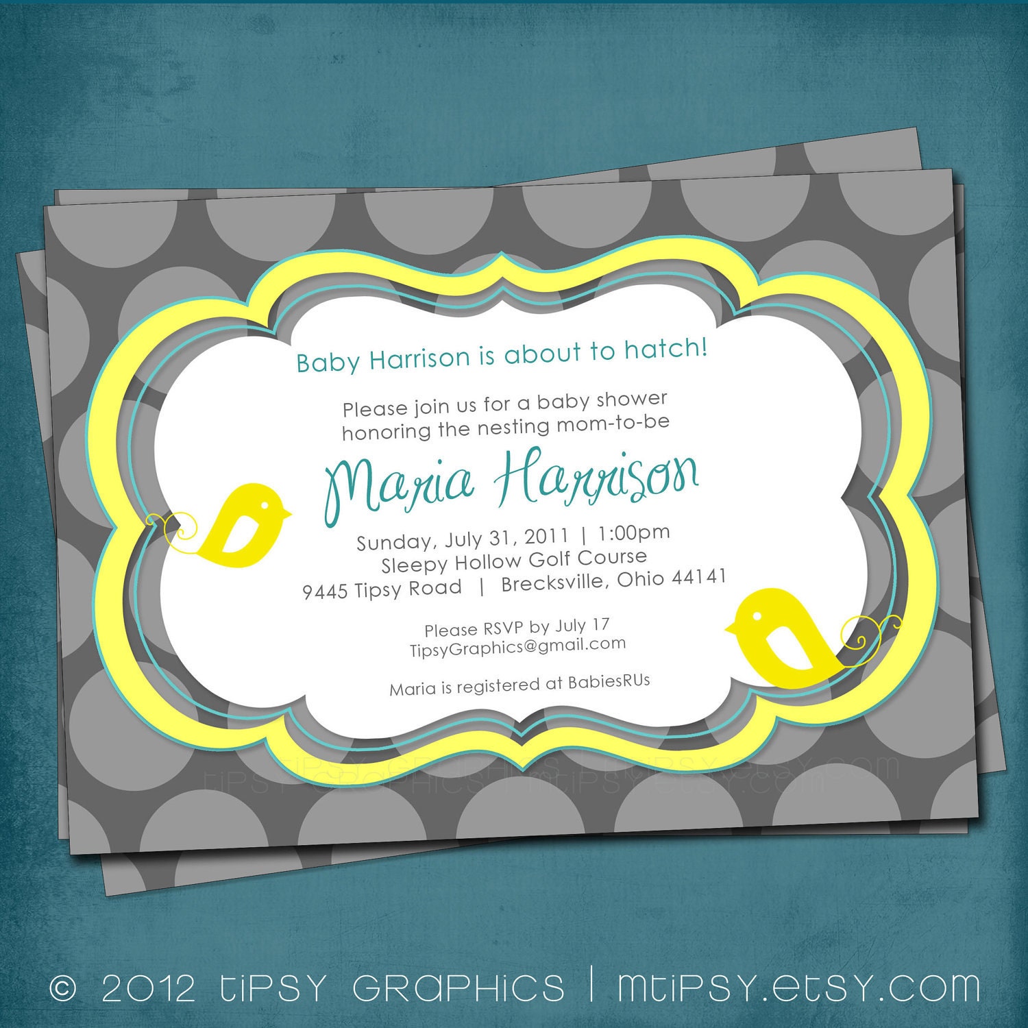 Yellow Bird and Gray Polka Dot Baby Shower Invitation.  Any Colors. Customized for your Baby or Bridal Shower by Tipsy Graphics