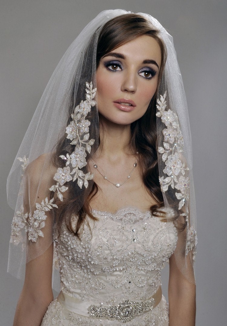 Wedding Veil - Two Tier Veil with Gorgeous FRENCH Lace Appliques Adorned with Swarovski Crystals, Embroidery, and Sequins