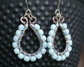 Handmade beaded earrings, light aqua blue, Czech glass copper earrings, sterling silver, mixed metal, wire wrapped