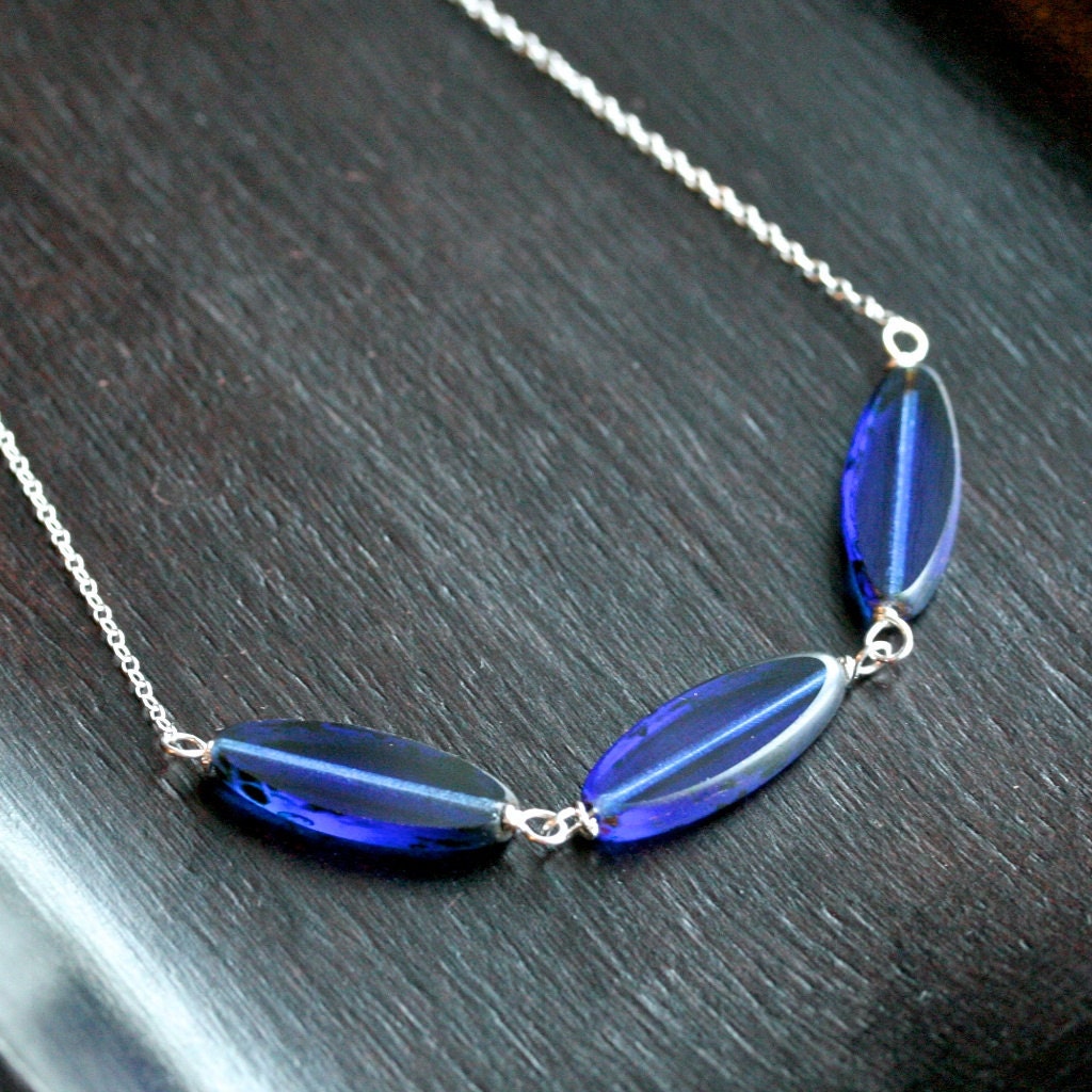 Handmade silver necklace, royal blue necklace, wire wrapped necklace, Czech glass bead, modern necklace, adjustable