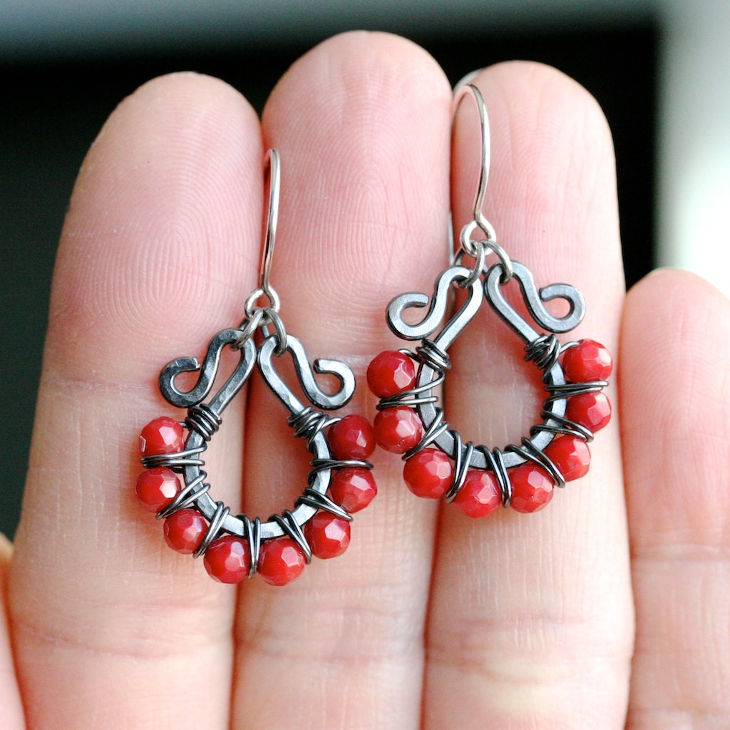 Handmade beaded hoops, red coral, oxidized copper, wire wrapped earrings, red earrings, sterling silver, Mimi Michele Jewelry